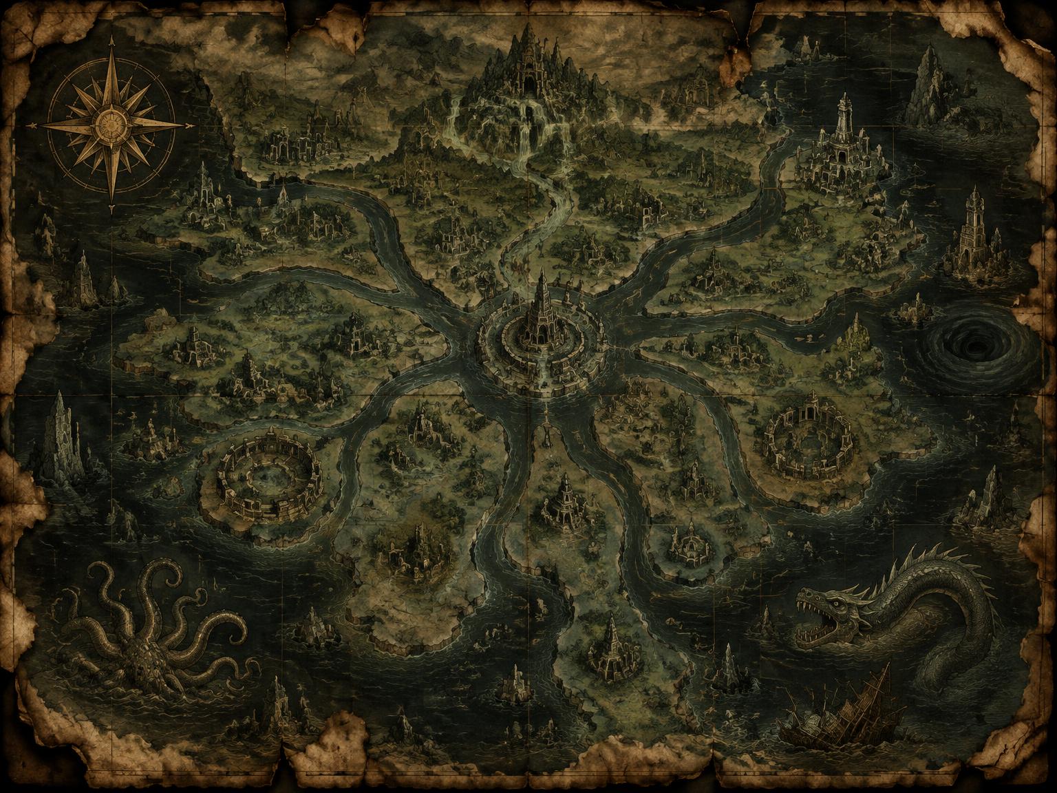 Antique chart of Kekistan, its delta, ruined cities and the black water