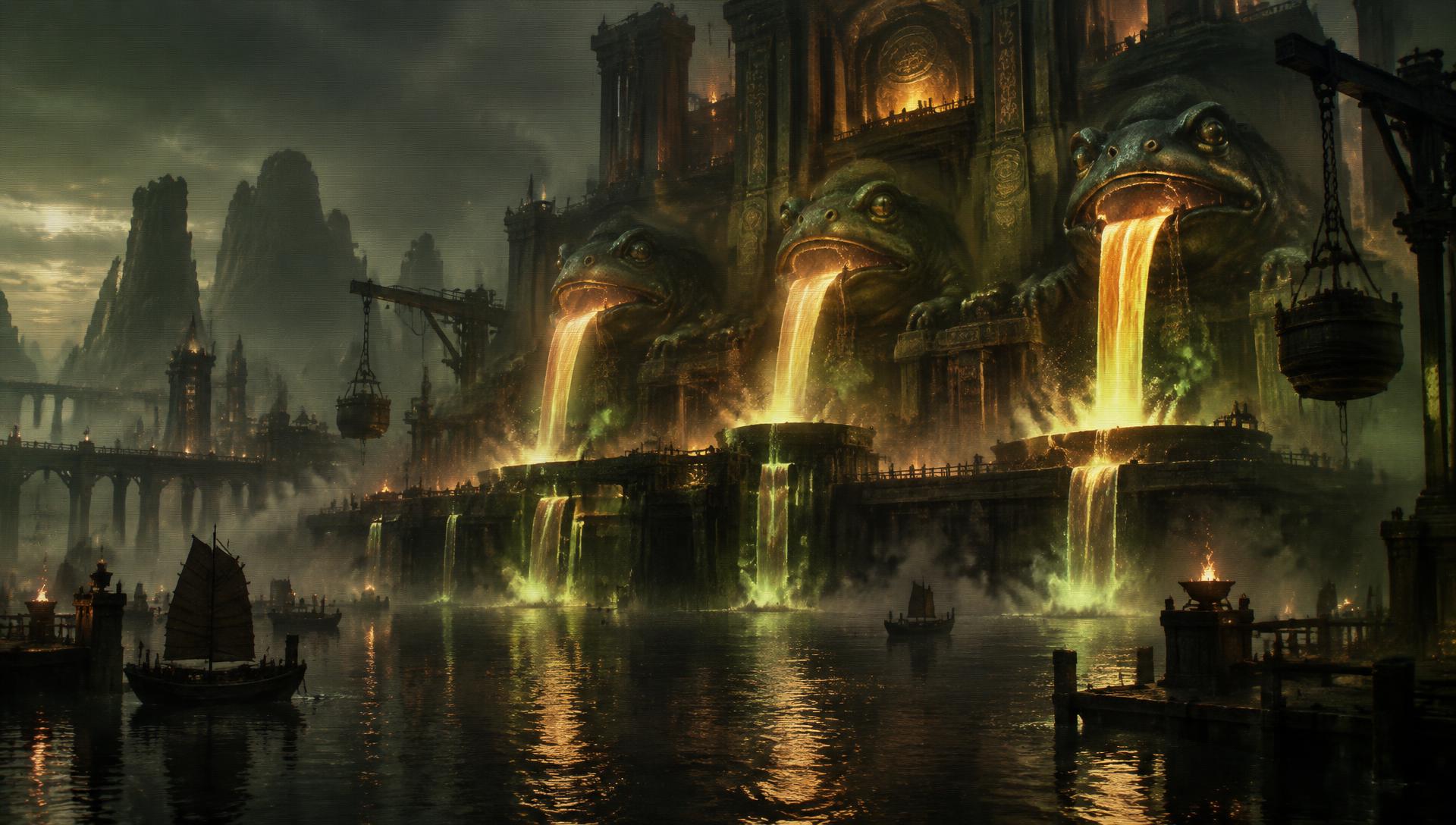 Molten-bronze forge of Kekistan, where coins are struck from the drowned land
